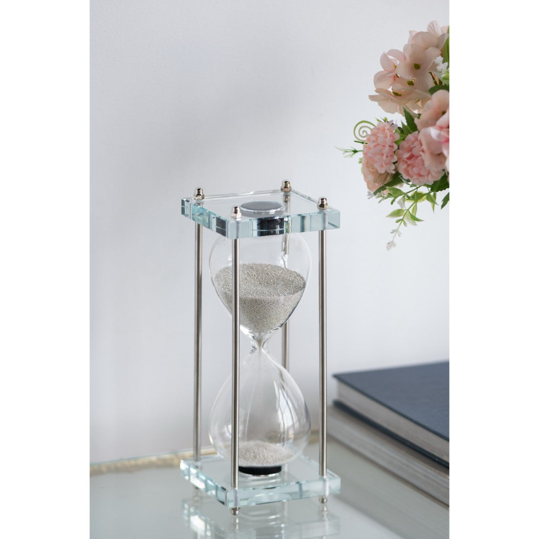15 Minute Plated Silver Sand Hourglass In Crystal Stand