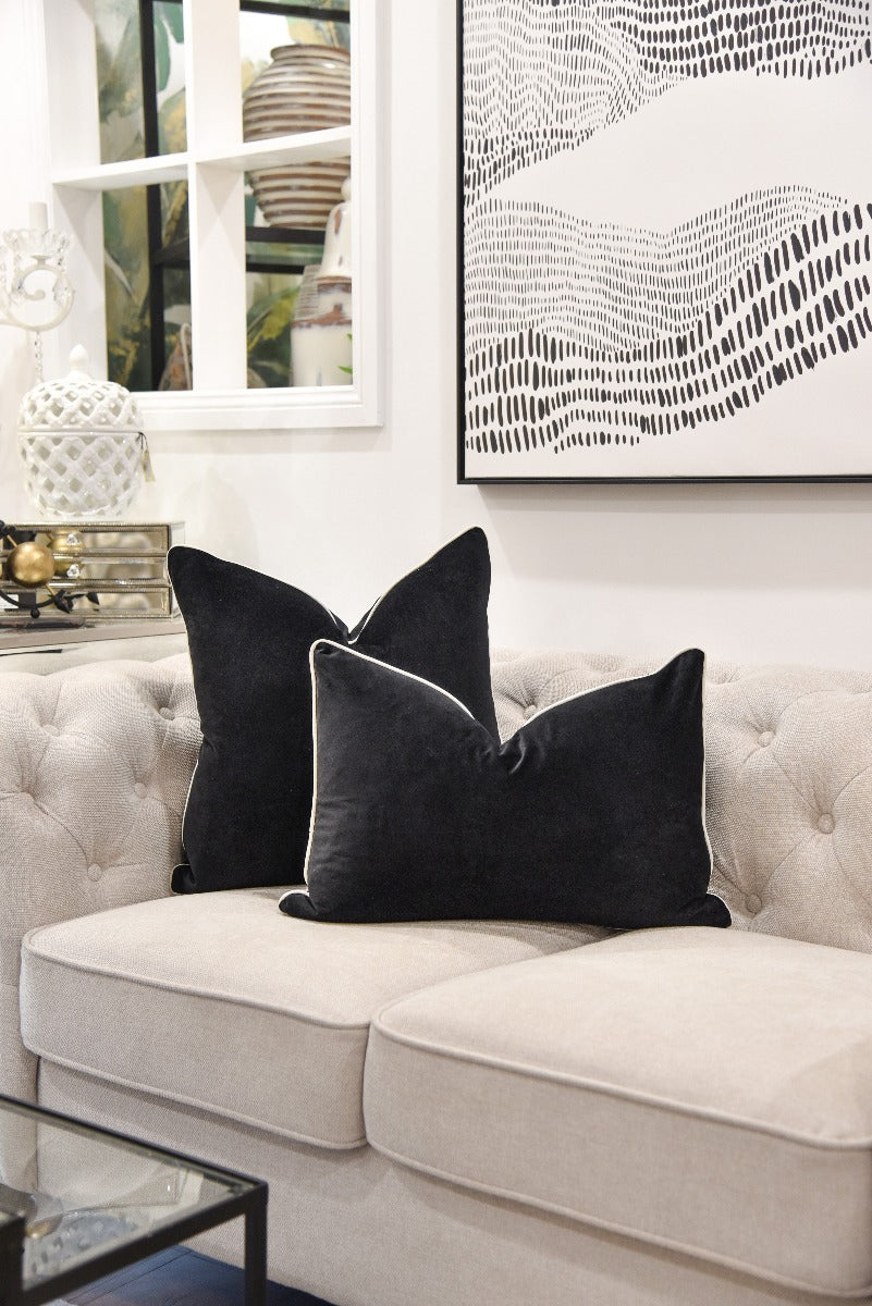 Onyx Velvet Cushion with White Piping