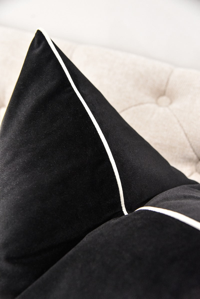 Onyx Velvet Cushion with White Piping