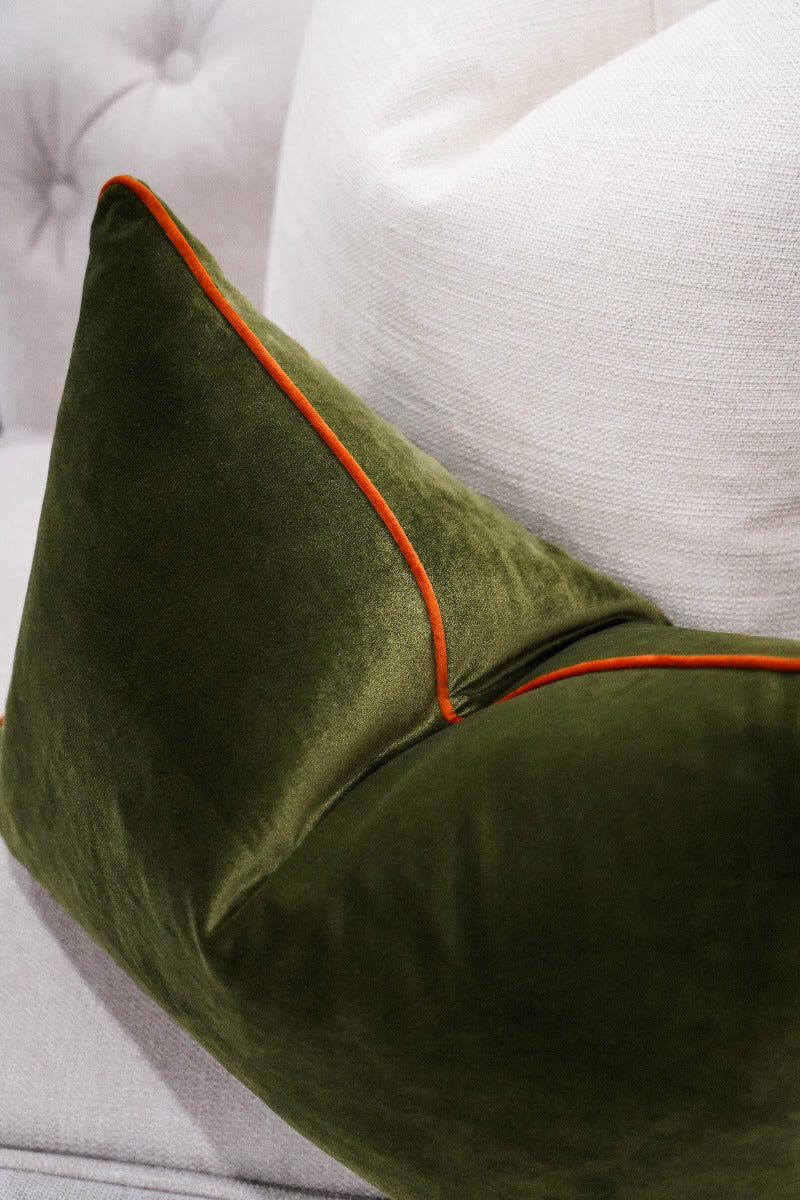 Forest Velvet Cushion with Orange Piping